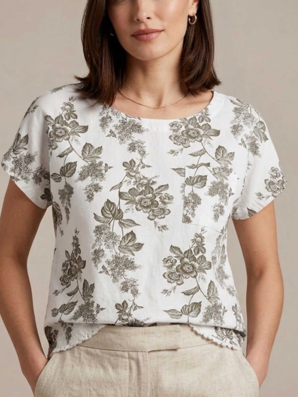 Linen Cotton  White Short Sleeve Blouse with Floral Print